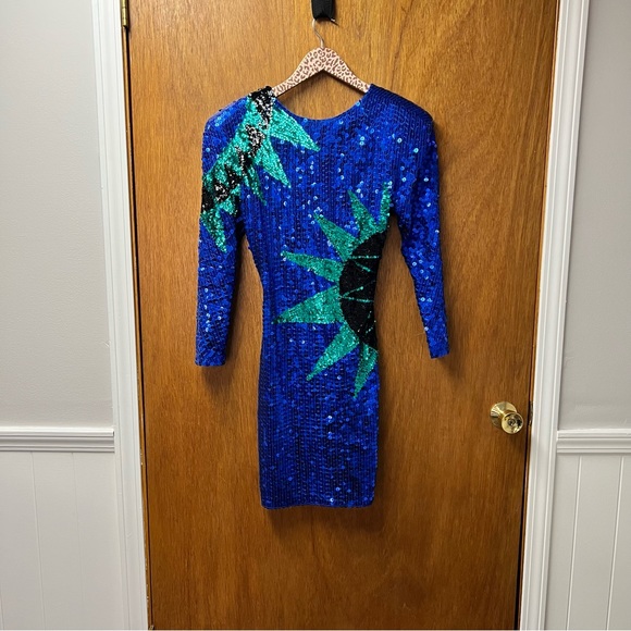 Vintage Long Sleeve Sequin Sunburst Mini Dress P Bodycon Blue Green - Picture 13 of 15